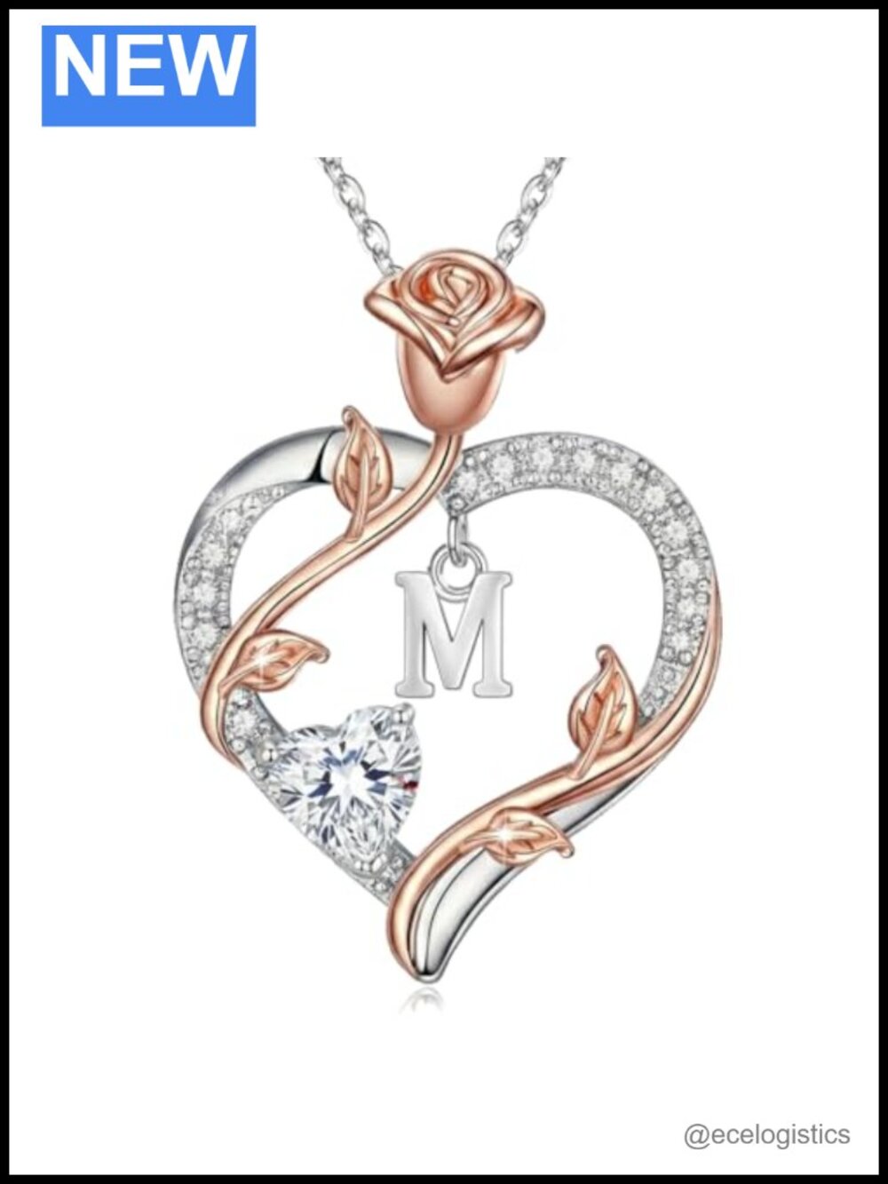 18k White Gold Plated Rose Initial M Pendant Necklace Diamond April Birthstone